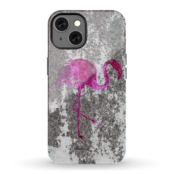 iPhone 13 StrongFit Pink Flamingo Bird On Grunge Wall by Andrea Haase