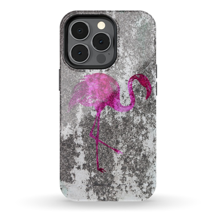 iPhone 13 pro StrongFit Pink Flamingo Bird On Grunge Wall by Andrea Haase