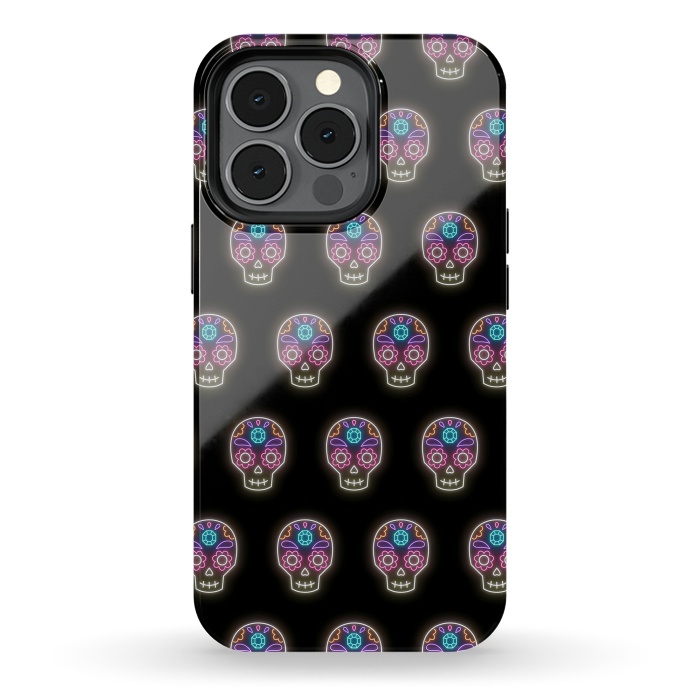 iPhone 13 pro StrongFit Neon sugar skull pattern by Laura Nagel