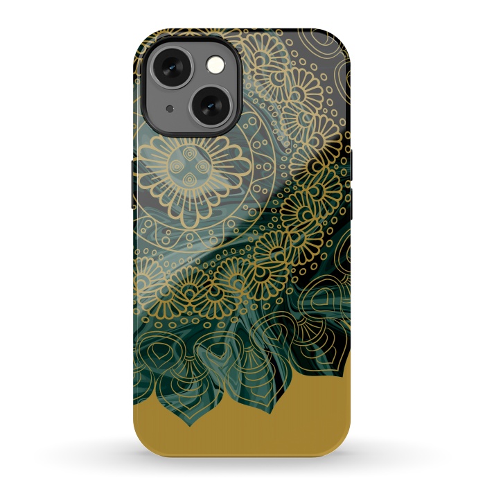 iPhone 13 StrongFit Mandala in Green Marble by Rossy Villarreal