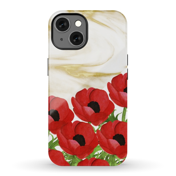 iPhone 13 StrongFit Red Flowers on Marbel by Rossy Villarreal