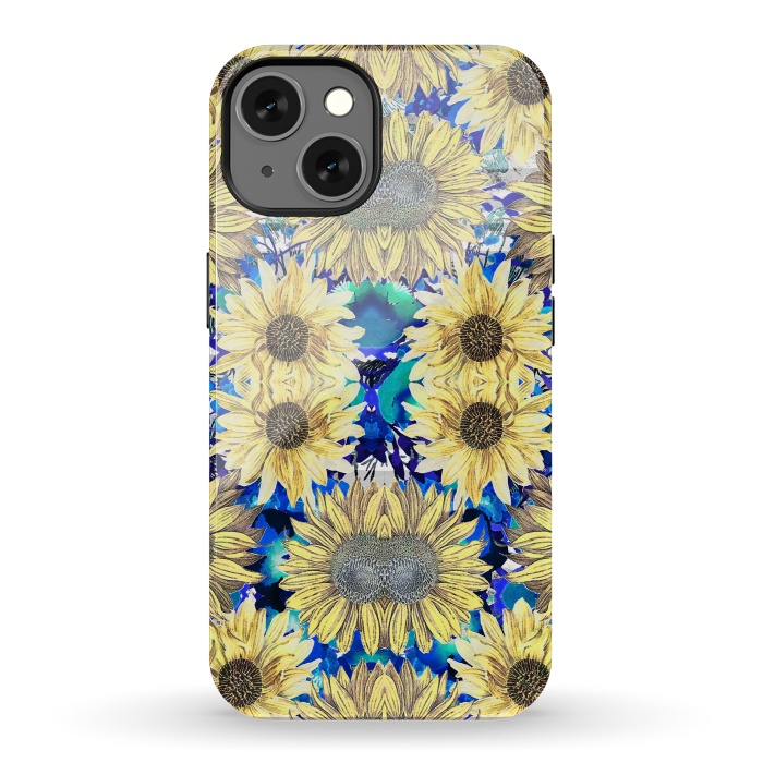 iPhone 13 StrongFit Watercolor painted sunflowers and blue foliage by Oana 
