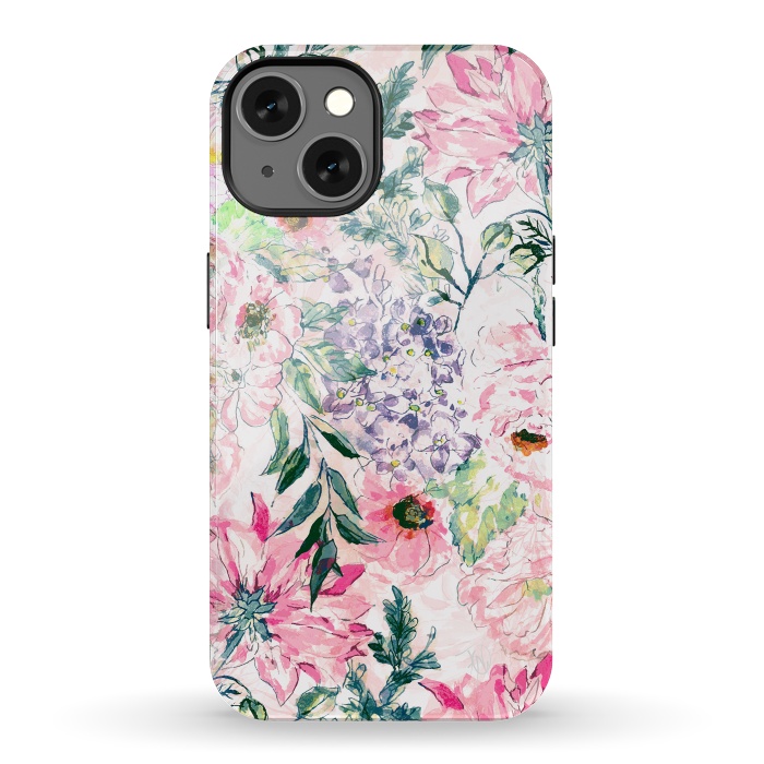 iPhone 13 StrongFit Boho chic watercolor pink floral hand paint by InovArts