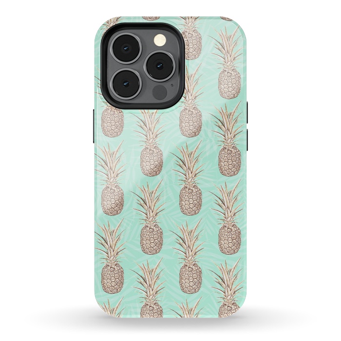 iPhone 13 pro StrongFit Golden and mint pineapples pattern by InovArts