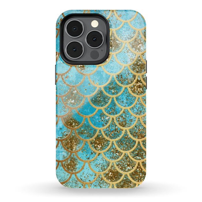 iPhone 13 pro StrongFit Blue, Glitter and Gold Mermaid Scales by  Utart