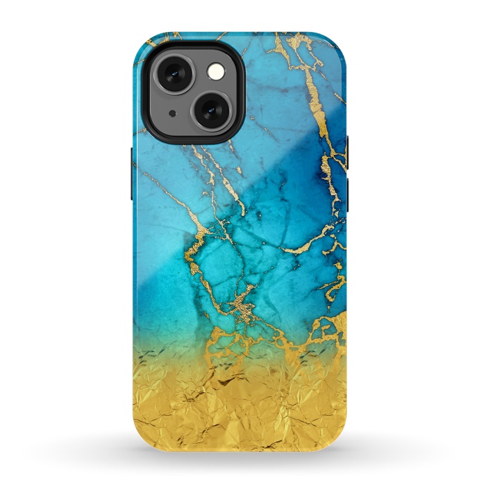 iPhone 13 mini StrongFit Sea Blue and Sun Gold Marble and Glitter by  Utart