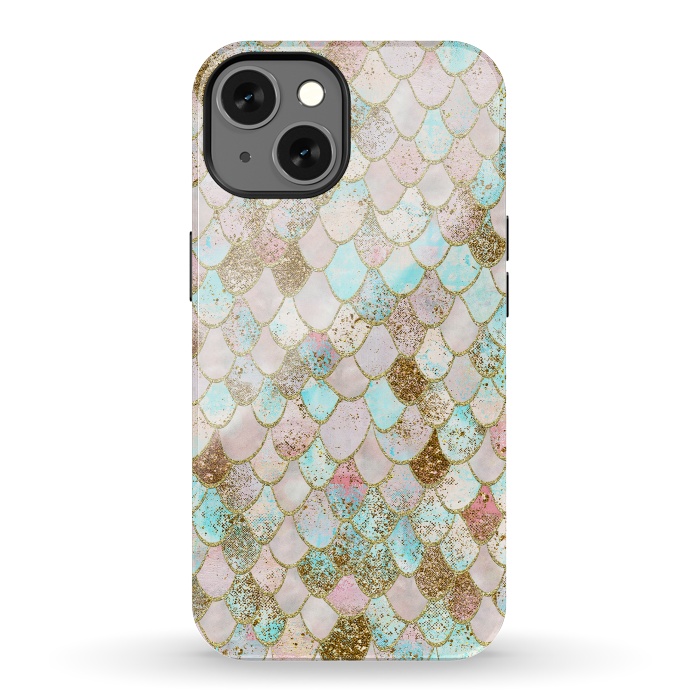 iPhone 13 StrongFit Watercolor Wonky Gold Glitter Pastel Summer Mermaid Scales  by  Utart