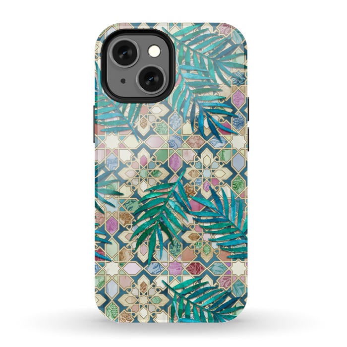 iPhone 13 mini StrongFit Muted Moroccan Mosaic Tiles with Palm Leaves by Micklyn Le Feuvre