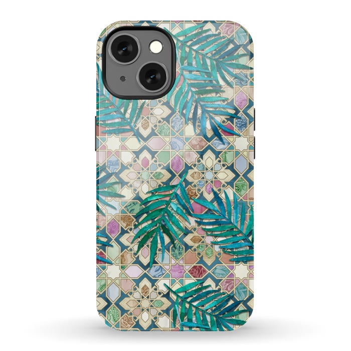 iPhone 13 StrongFit Muted Moroccan Mosaic Tiles with Palm Leaves by Micklyn Le Feuvre