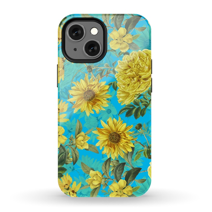 iPhone 13 mini StrongFit Sunflowers and Yellow Roses on Teal Pattern by  Utart