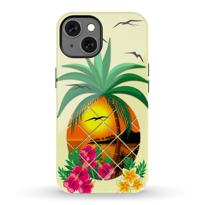 iPhone 13 StrongFit Pineapple Tropical Sunset, Palm Tree and Flowers by BluedarkArt