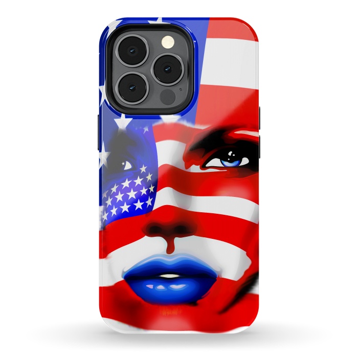 iPhone 13 pro StrongFit Usa Flag on Beatiful Girl's Face by BluedarkArt