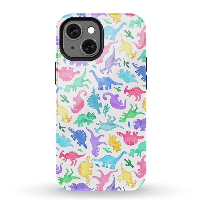 iPhone 13 mini StrongFit Ditsy Dinos in Bright Pastels on White by Micklyn Le Feuvre