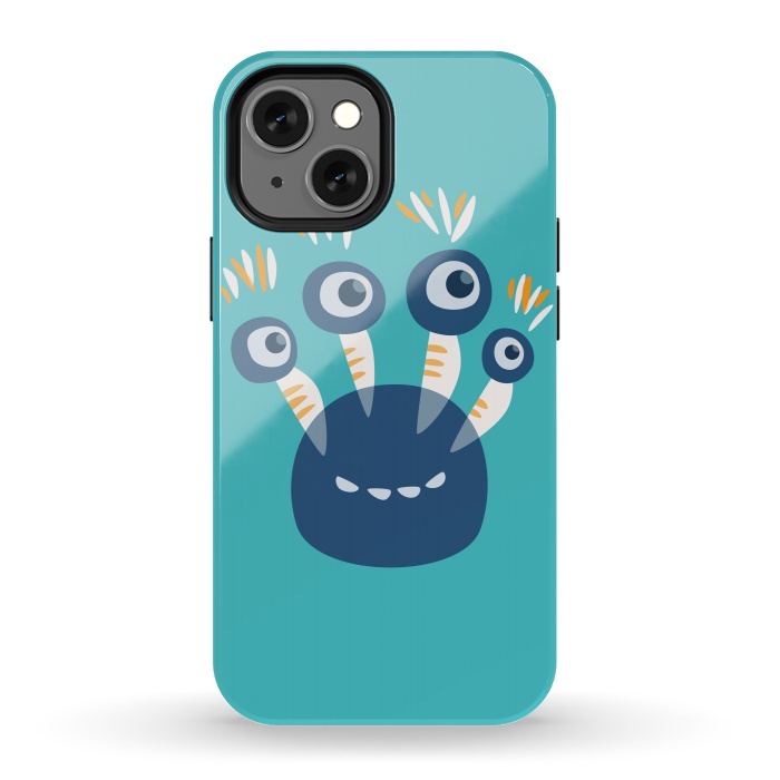 iPhone 13 mini StrongFit Cute Blue Cartoon Monster With Four Eyes by Boriana Giormova