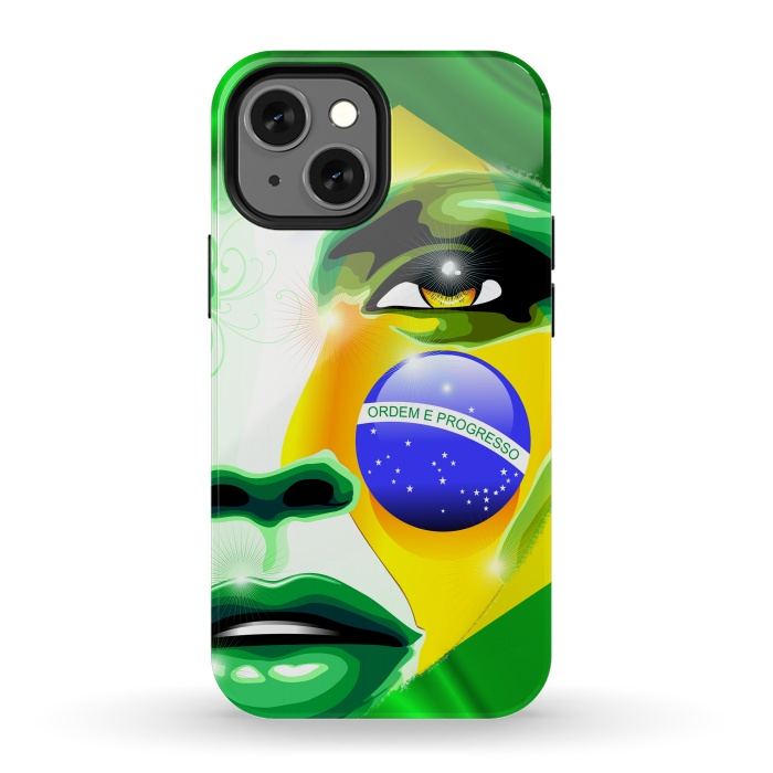 iPhone 13 mini StrongFit Brazil Flag Colors on Beautiful Girl Portrait by BluedarkArt