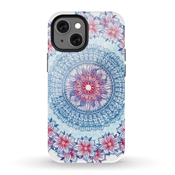 iPhone 13 mini StrongFit Red, White and Blue Floral Mandala by Micklyn Le Feuvre