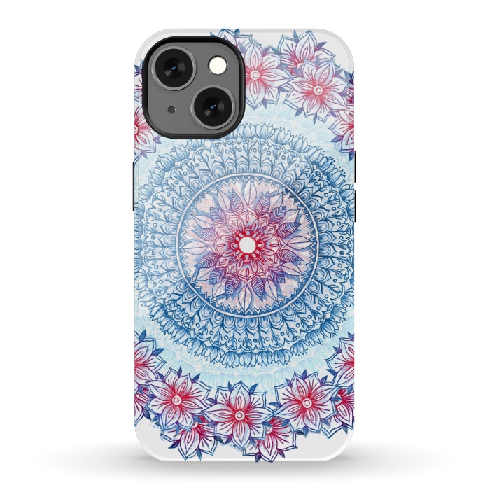 iPhone 13 StrongFit Red, White and Blue Floral Mandala by Micklyn Le Feuvre
