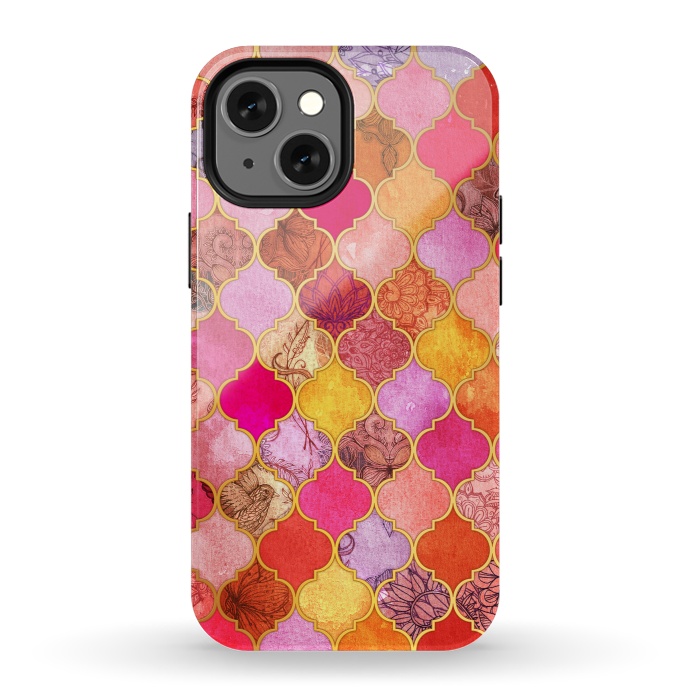 iPhone 13 mini StrongFit Hot Pink, Gold, Tangerine & Taupe Decorative Moroccan Tile Pattern by Micklyn Le Feuvre