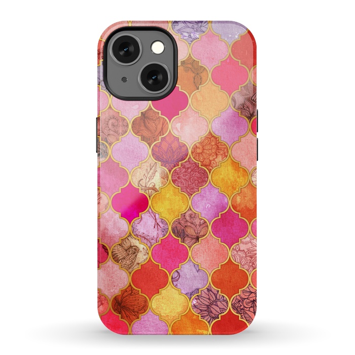 iPhone 13 StrongFit Hot Pink, Gold, Tangerine & Taupe Decorative Moroccan Tile Pattern by Micklyn Le Feuvre