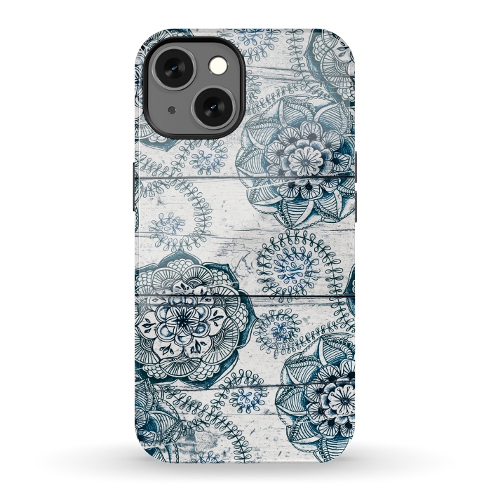iPhone 13 StrongFit Navy Blue Floral Doodles on Wood by Micklyn Le Feuvre