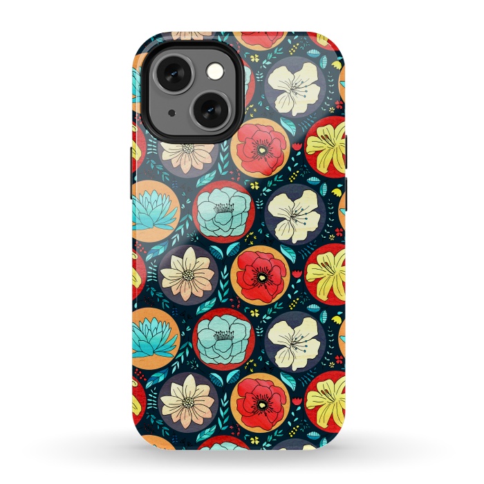 iPhone 13 mini StrongFit Navy Polka Dot Floral  by Tigatiga