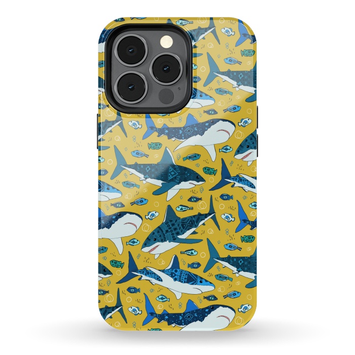 iPhone 13 pro StrongFit Tribal Sharks & Fish On Mustard by Tigatiga