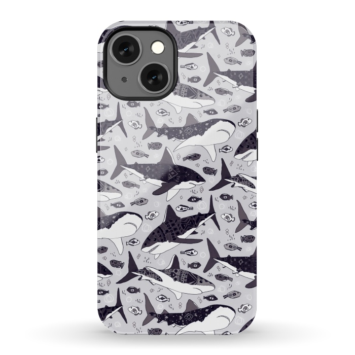 iPhone 13 StrongFit Black & White Tribal Sharks & Fish  by Tigatiga
