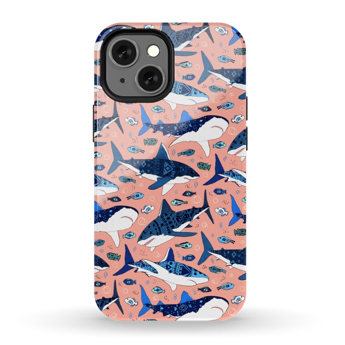 iPhone 13 mini StrongFit Tribal Sharks & Fish On Pink by Tigatiga