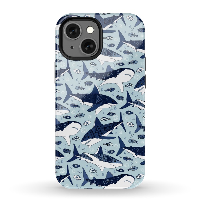 iPhone 13 mini StrongFit Tribal Sharks & Fish On Baby Blue  by Tigatiga