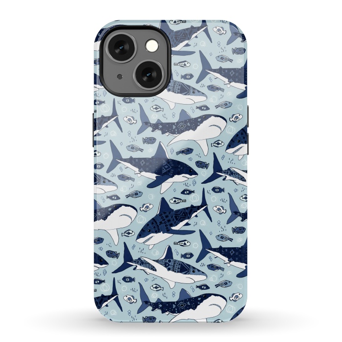 iPhone 13 StrongFit Tribal Sharks & Fish On Baby Blue  by Tigatiga