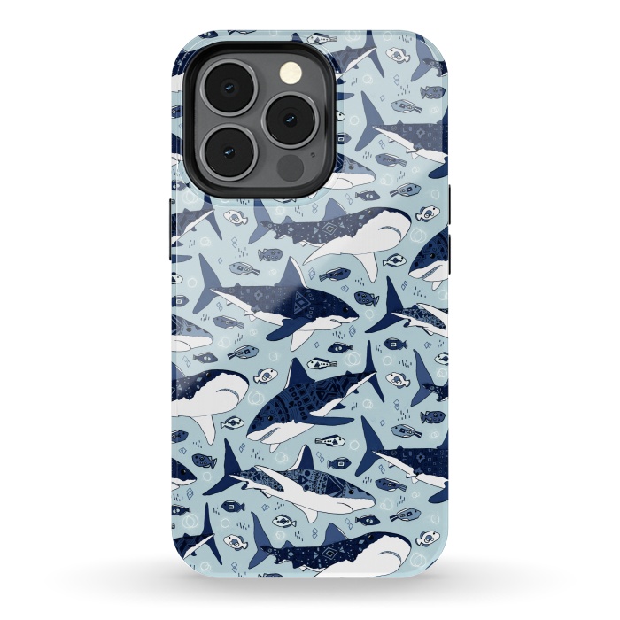 iPhone 13 pro StrongFit Tribal Sharks & Fish On Baby Blue  by Tigatiga
