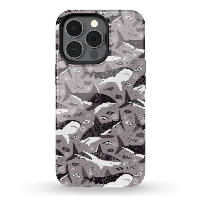 iPhone 13 pro StrongFit Tribal Sharks & Fish On Grey  by Tigatiga
