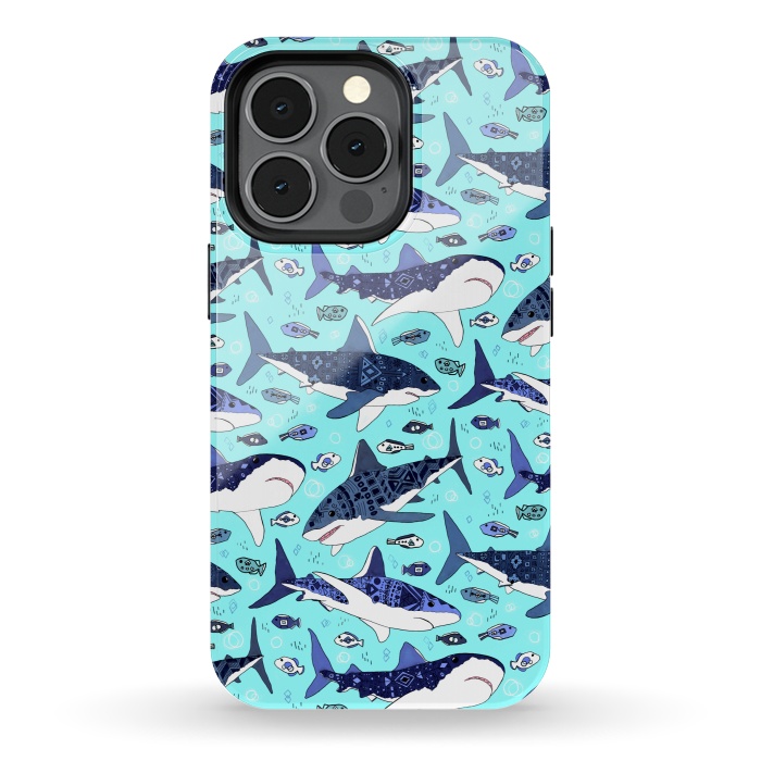 iPhone 13 pro StrongFit Tribal Sharks & Fish On Aqua by Tigatiga