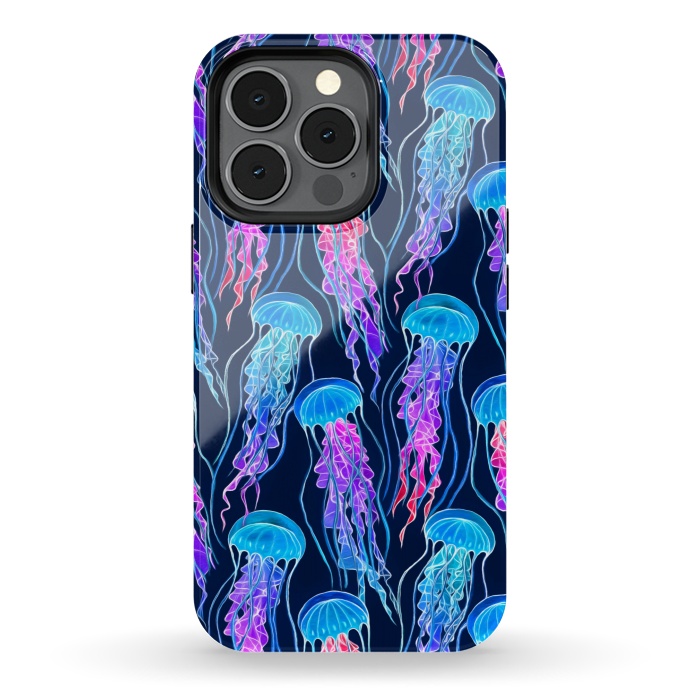 iPhone 13 pro StrongFit Luminescent Rainbow Jellyfish on Navy Blue by Micklyn Le Feuvre