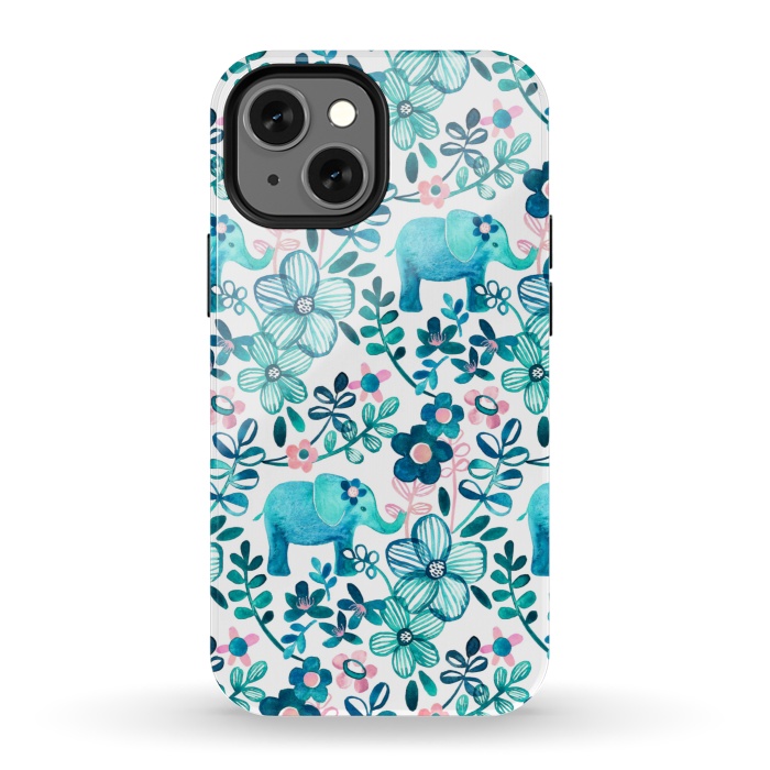 iPhone 13 mini StrongFit Little Teal Elephant Watercolor Floral on White by Micklyn Le Feuvre