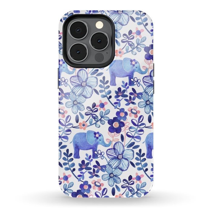 iPhone 13 pro StrongFit Little Purple Elephant Watercolor Floral on White by Micklyn Le Feuvre