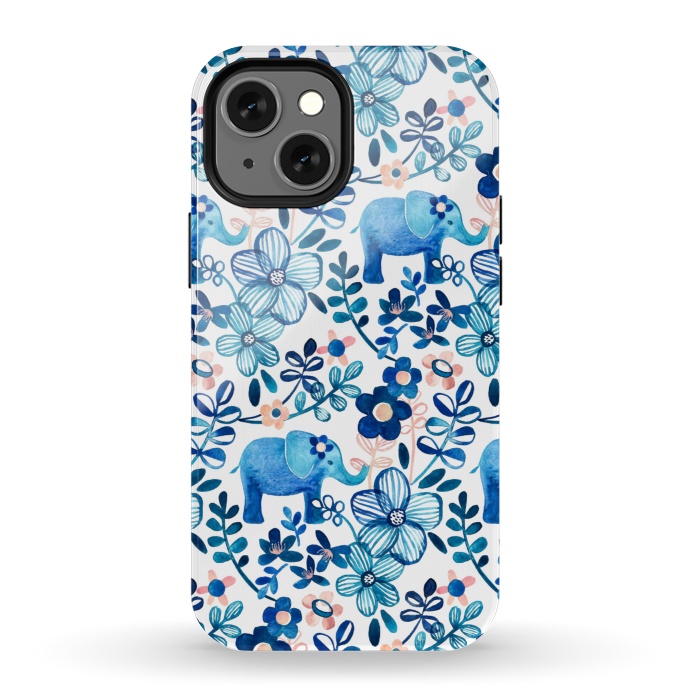 iPhone 13 mini StrongFit Little Blue Elephant Watercolor Floral on White by Micklyn Le Feuvre