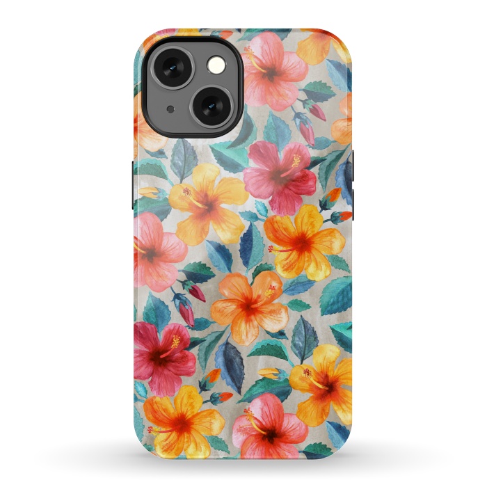 iPhone 13 StrongFit Little Tropical Hawaiian Hibiscus Blooms in Watercolor by Micklyn Le Feuvre