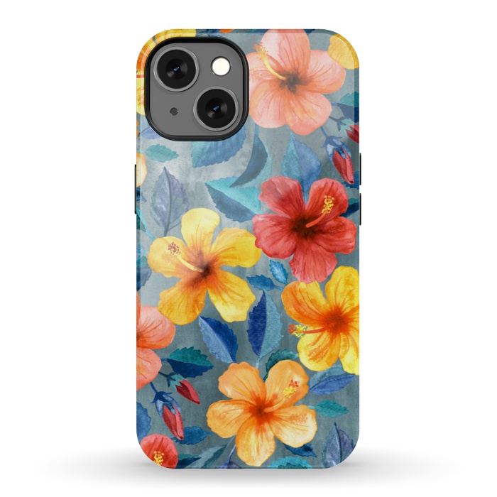 iPhone 13 StrongFit Bright Summer Hibiscus Blooms in Watercolor by Micklyn Le Feuvre