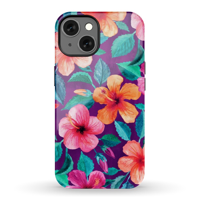 iPhone 13 StrongFit Bright Hibiscus Blooms in Watercolor on Purple by Micklyn Le Feuvre