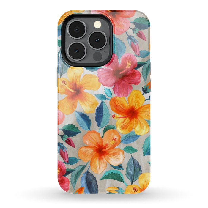 iPhone 13 pro StrongFit Tropical Hawaiian Hibiscus Blooms in Watercolor by Micklyn Le Feuvre