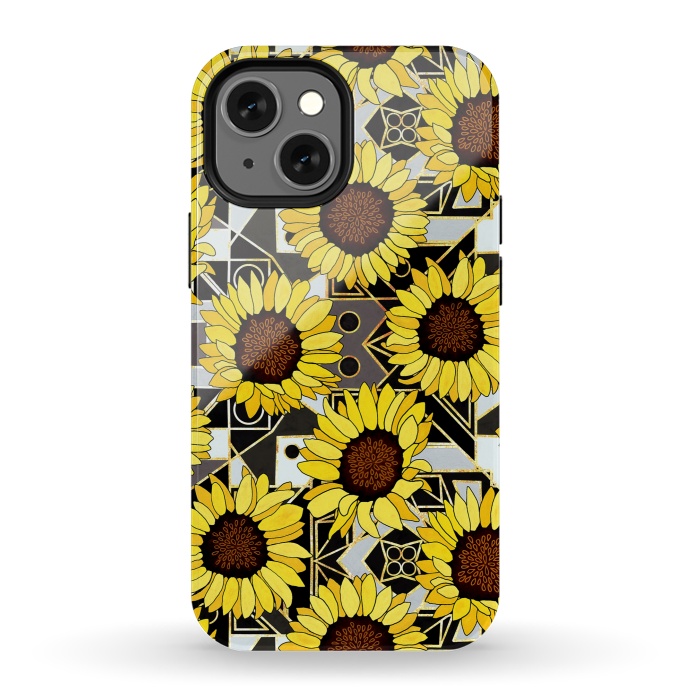 iPhone 13 mini StrongFit Sunflowers & Geometric Gold, Black & White Background  by Tigatiga