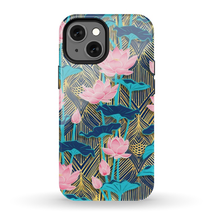 iPhone 13 mini StrongFit Art Deco Lotus Flowers in Pink & Navy by Micklyn Le Feuvre
