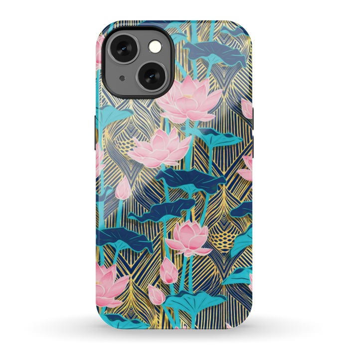 iPhone 13 StrongFit Art Deco Lotus Flowers in Pink & Navy by Micklyn Le Feuvre
