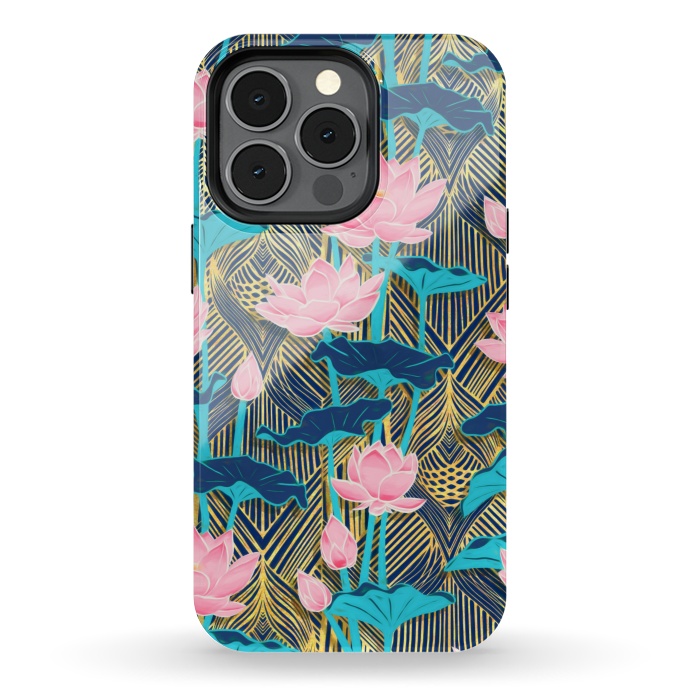 iPhone 13 pro StrongFit Art Deco Lotus Flowers in Pink & Navy by Micklyn Le Feuvre
