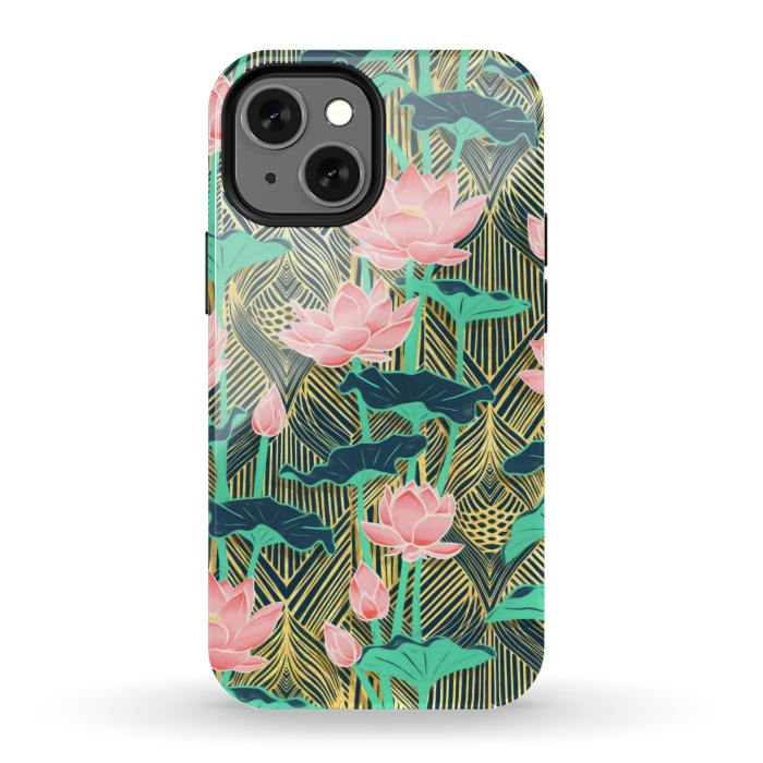 iPhone 13 mini StrongFit Art Deco Lotus Flowers in Peach & Emerald by Micklyn Le Feuvre