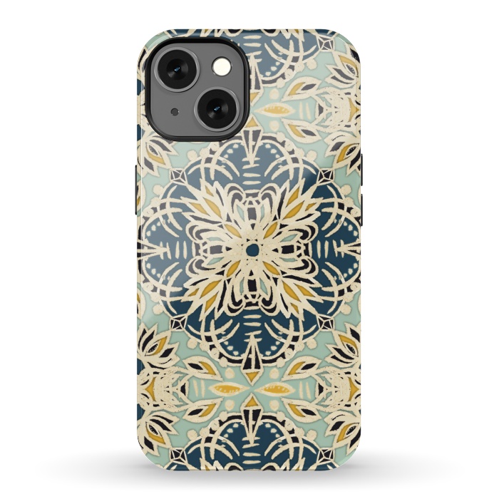 iPhone 13 StrongFit Protea Pattern in Deep Teal, Cream, Sage Green & Yellow Ocher by Micklyn Le Feuvre