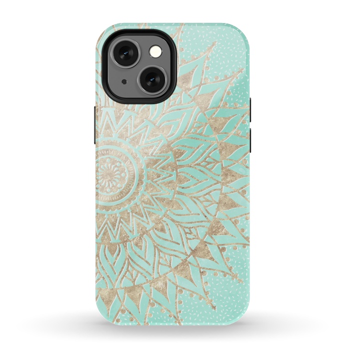 iPhone 13 mini StrongFit Mint and gold mandala  by InovArts