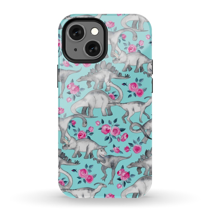 iPhone 13 mini StrongFit Dinosaurs and Roses on Turquoise by Micklyn Le Feuvre
