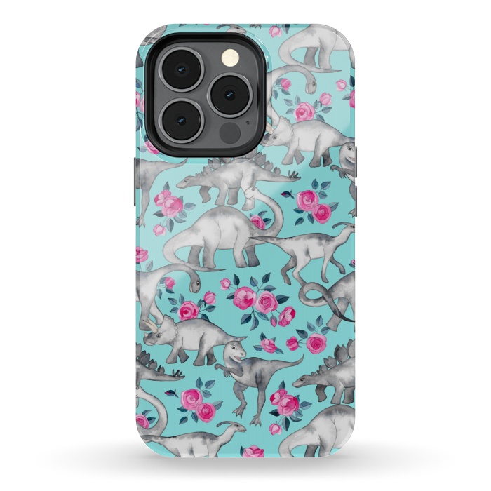 iPhone 13 pro StrongFit Dinosaurs and Roses on Turquoise by Micklyn Le Feuvre